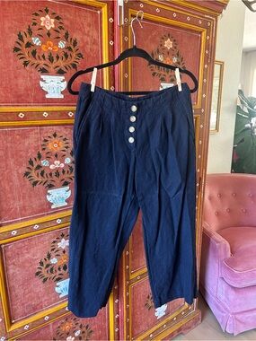 LOFT Navy Button-Front Linen Sailor Pants